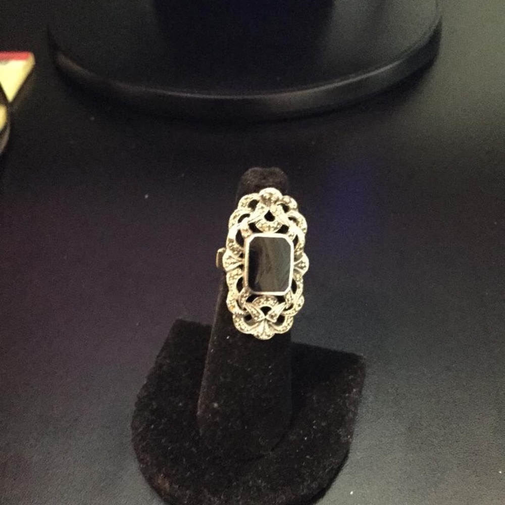 Vintage sterling silver, onyx, and marcasite ring